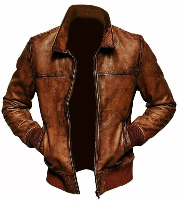 HERREN Distressed Braunes Leder Jacke Vintage Biker Stil Bomberjacke Winterjacke