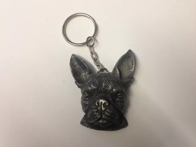 French Bulldog Dog Head Pewter Effect Animal 3D Emblem On a Split Keyring