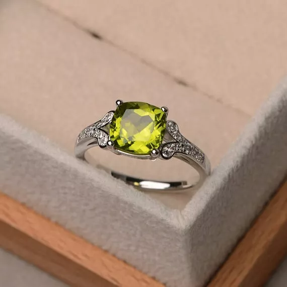 2.95 Ct Cushion Cut Real Peridot & Diamond Engagement Ring 14K Real White Gold