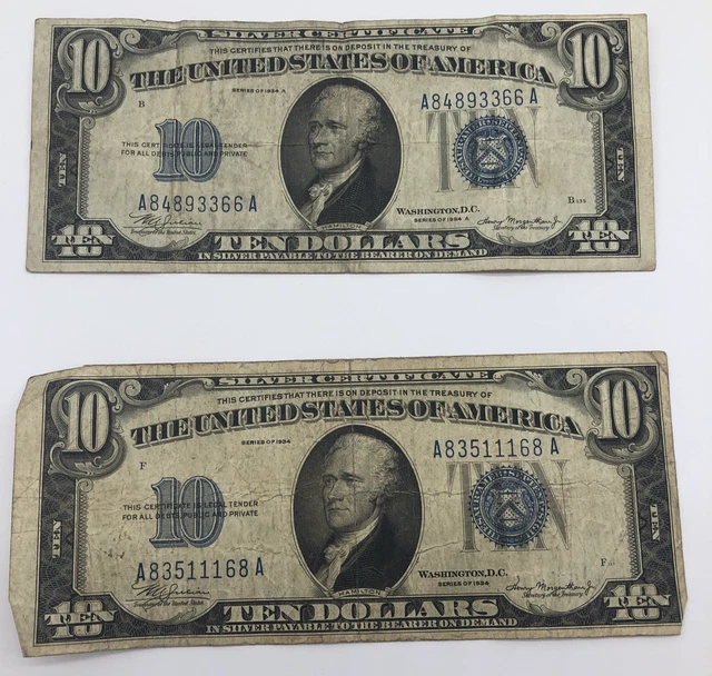 1934 A & 1934  $10 Ten Dollar Silver Certificate Note Blue Seal