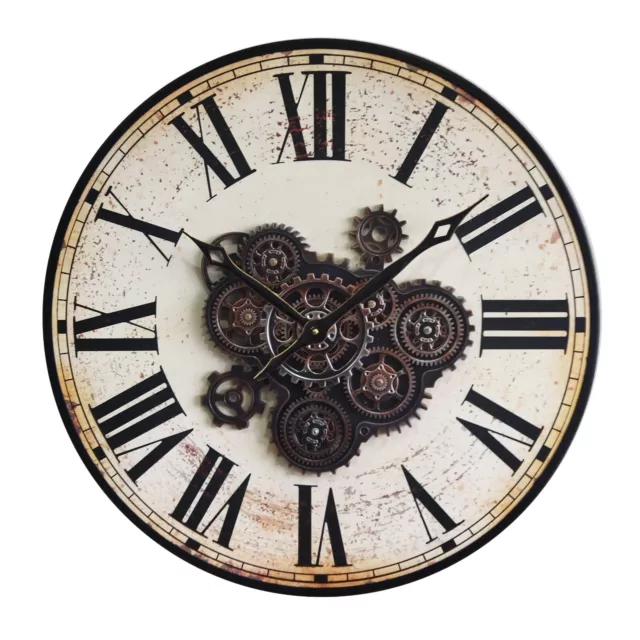 Gear Wall Clock 60 CM Large Industrial Moving Roman Numerals Wooden