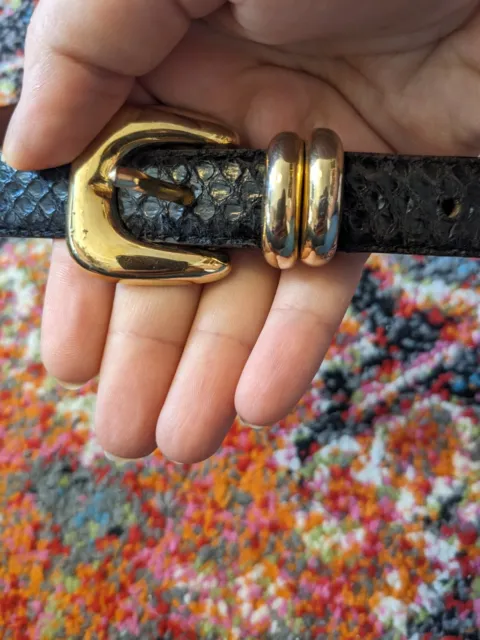 Women's vintage Y2k genuine snakeskin gold belt buckle black belt large skinny