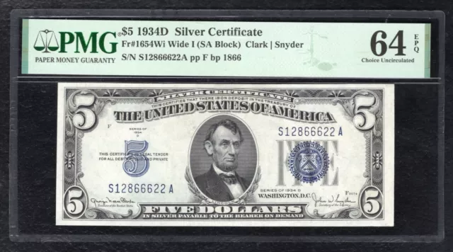 FR. 1654Wi 1934-D $5 SILVER CERTIFICATE CURRENCY NOTE PMG UNCIRCULATED-64EPQ (C)