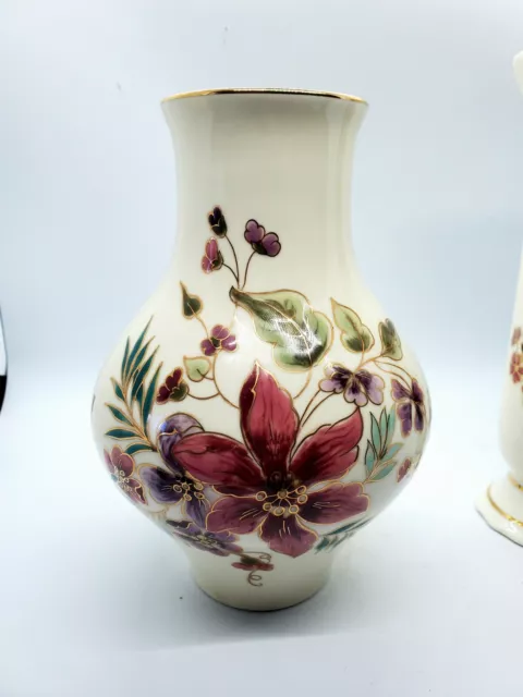 Vintage ZSOLNAY HUNGARY Porcelain Hand Painted Vase Flowers Gold Trim
