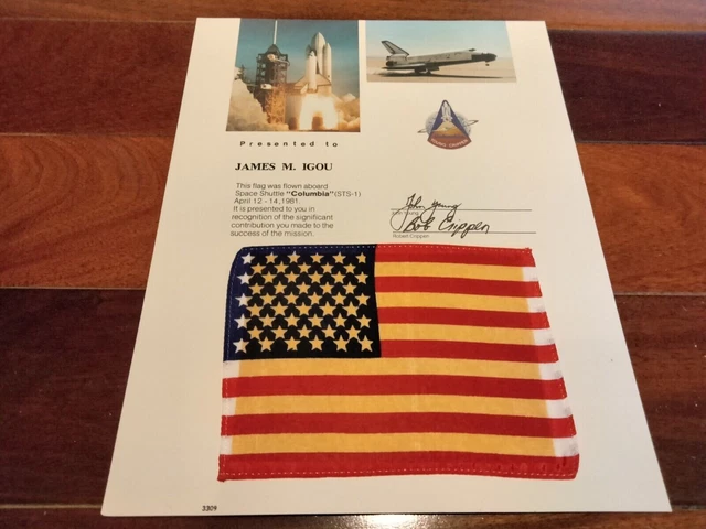 Rare Nasa Sts-1 Columbia Space Shuttle Flown Flag John Young Bob Crippen Signed