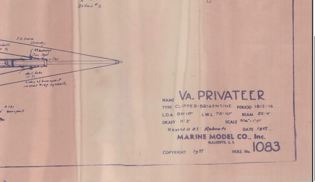 Boat Ship 1937 Blueprint Plans Virginia Privateer Marine Model Hull No. 1083
