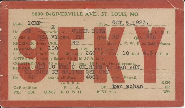 Vintage Ham Radio Qsl Cards 1923   9Eky   St. Louis, Mo.