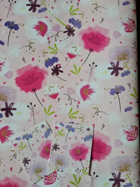 Female Birthday Wrapping Paper Floral 2 Sheets  + 2 Gift Tags