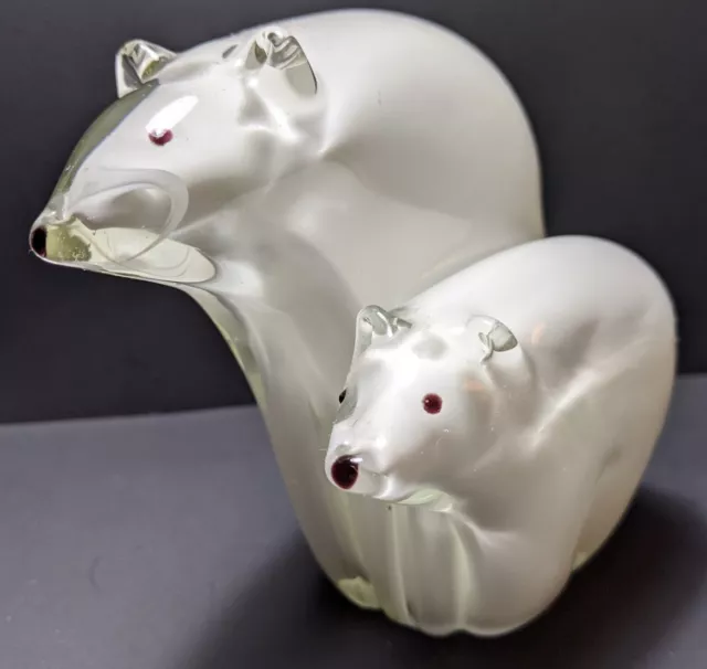 Italian Art Glass POLAR BEAR & CUB White / Clear Glass Heavy Murano Figurine 5"