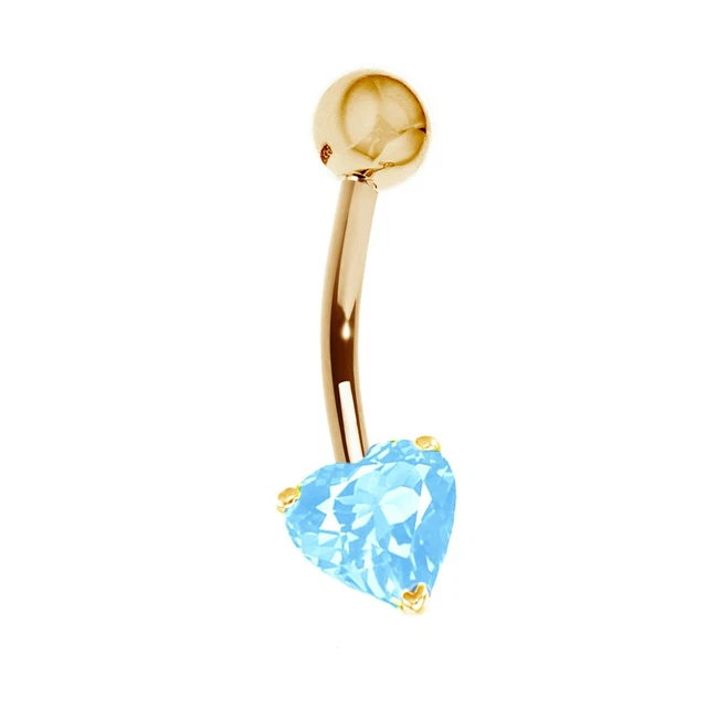 14k Solid Yellow Gold Genuine Blue Topaz Heart Belly Button Navel Ring Body Art