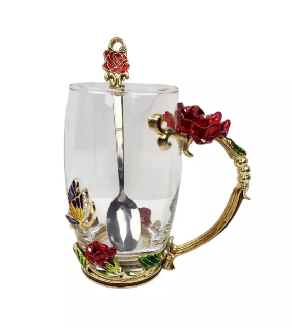 Luxury Enamel Glass Tea Cup/Coffee Mug W/Spoon & Coaster Signed ARC 35CL w/  Box
