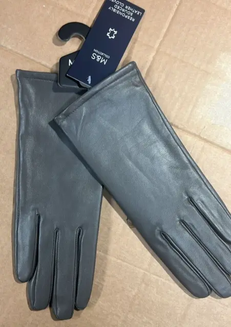 M&s women leather gloves Grey polyester lining warm Rrp19.50 Large