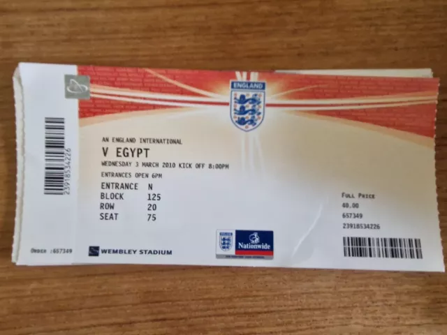 2010 England vs Egypt Ticket  Very Good Condition