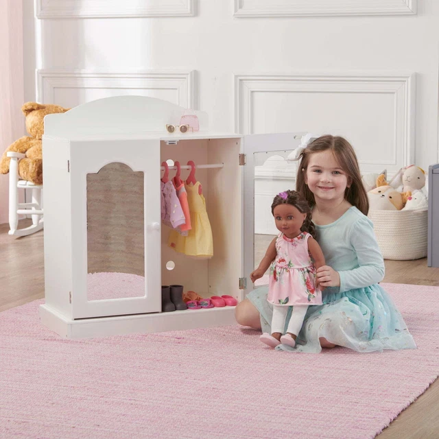 Mirrored Doll Armoire with 3 Baskets and 3 Hangers - White/Pink,Fast Shipping