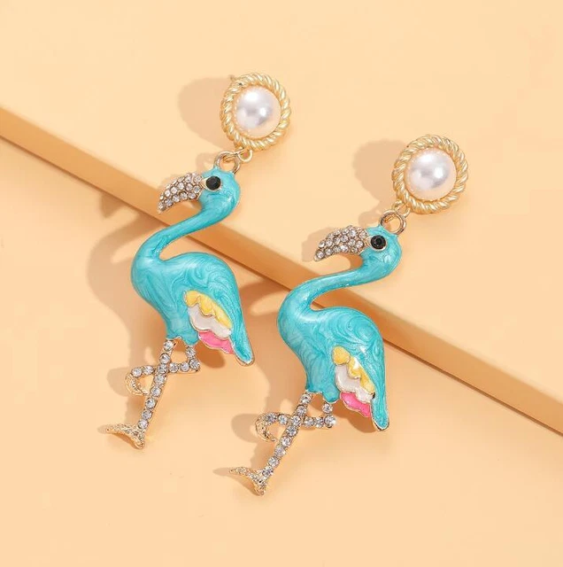 Betsey Johnson rare Rhinestone Blue glaze Pearl bird drop earrings Fashion Jewel 3