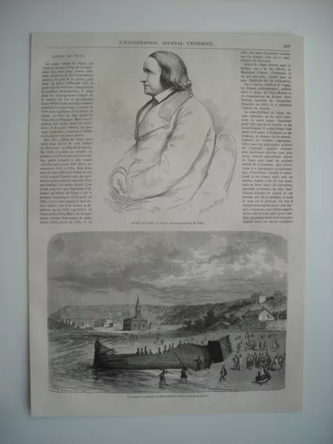 Gravure 1863. M. Alfred De Vigny. Barque Le Jeune-Victor, Echouee Plage De Dives
