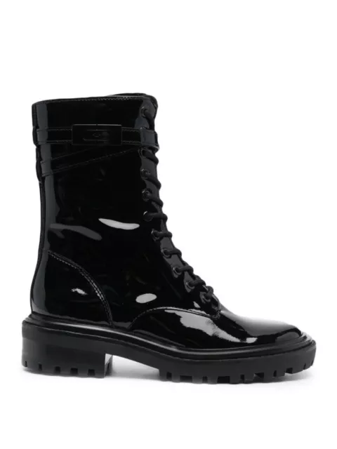 Tory Burch Combat Boots Lace Up T-Hardware Perfect Black Patent New Women's 8.5 2