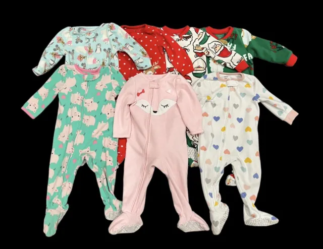 LOT Carters Long Sleeve Footed Pajamas Baby Girl 12 Months Winter Fleece Warm