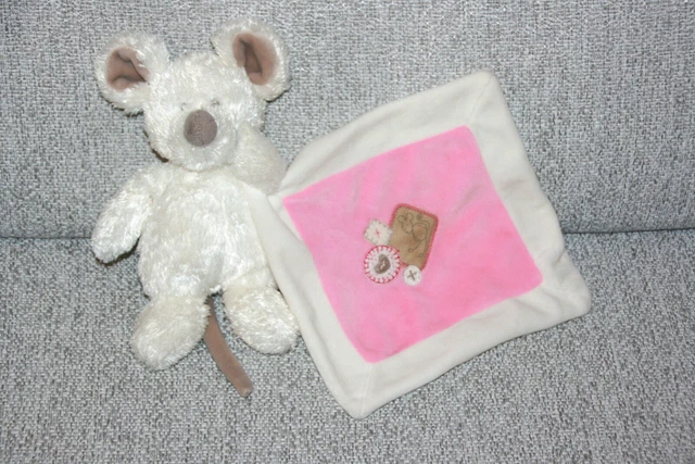 Nicotoy Doudou Souris Blanc Beige Mouchoir Blanc Rose Coeur Souris Brode Kom9