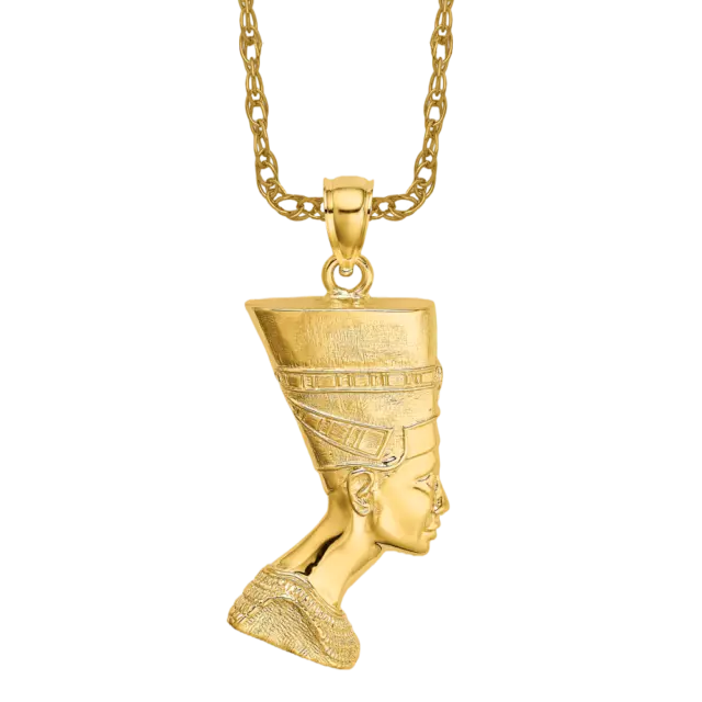 14K YELLOW GOLD Queen Nefertiti Egyptian Goddess African Necklace Charm ...
