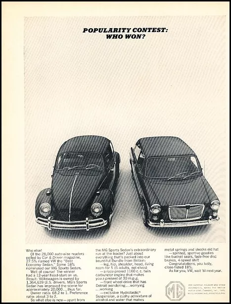 1964 MG Sports Sedan VW Beetle Bug Vintage Advertisement Print Art Car Ad J442A