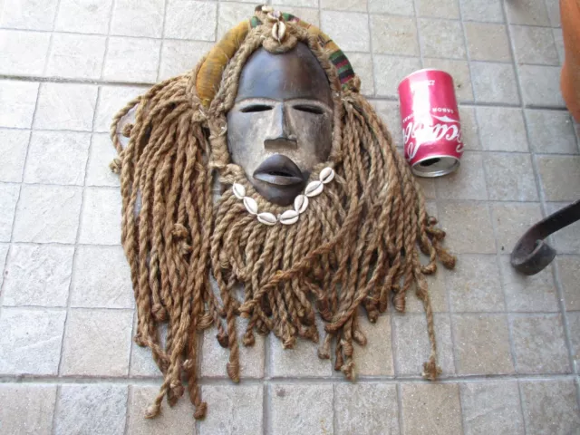 Vintage Tribal African Nicety Old Hand Carved Mask Hardness Wood Drawstring Hair 15