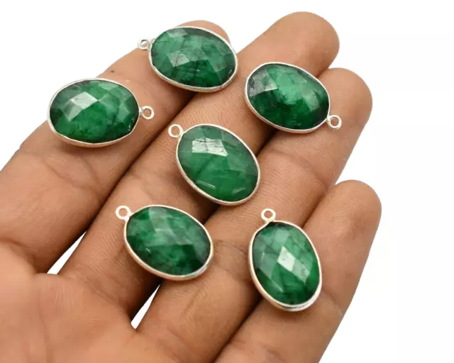 5 Pcs 22X14mm Emerald Connector Pendent 1 Loop Bezel Silver Plated