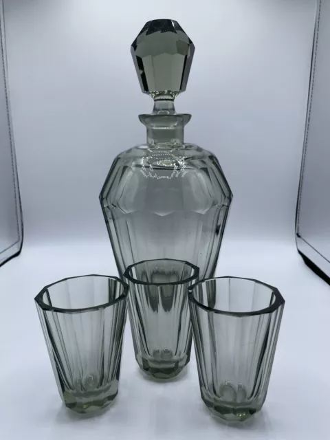 Vintage MCM Smoky Gray Glass Faceted Decanter With Glasses (3) Czech? Moser?