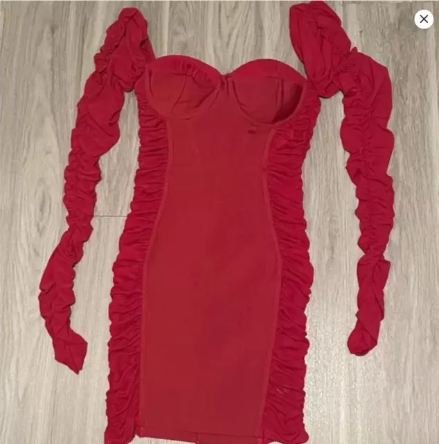 Mad Love Puff Long Sleeve Red Bodycon Ruched Dress Knee Length Size Large