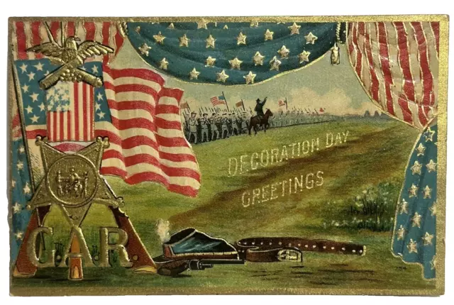 Patriotic Postcard Decoration Day GAR Cavalry Soldiers Battlefield USA Flag
