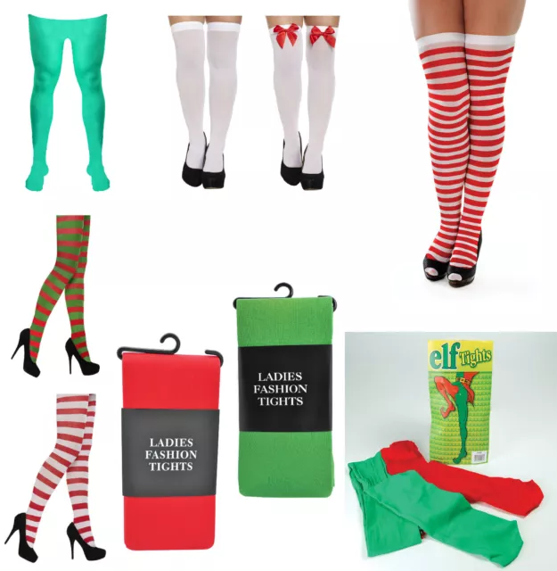 Adult Mens Ladies Teen Elf Xmas Christmas Tights Stockings Fancy Dress Costume