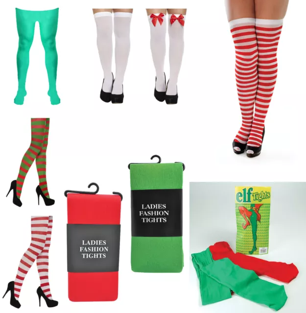 Mens Ladies Girls Teen Elf Xmas Christmas Tights Stockings Fancy Dress Costume