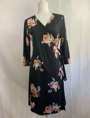 Womens Luluroe Black Pink Foral Plunging Neckline  Dress Size Medium