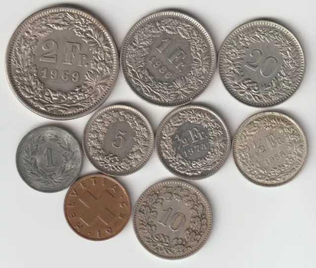 9 different world coins from SWITZERLAND