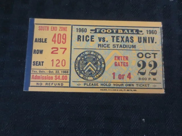 Texas Longhorns Football Ticket  VS Rice Owls Oct 22, 1960