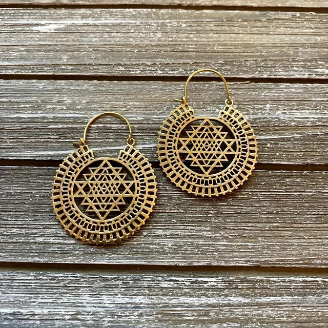 Gold Plated Vintage Afghani Brass Hoops Boho Tribal Mandala Yantra Earrings Pw21