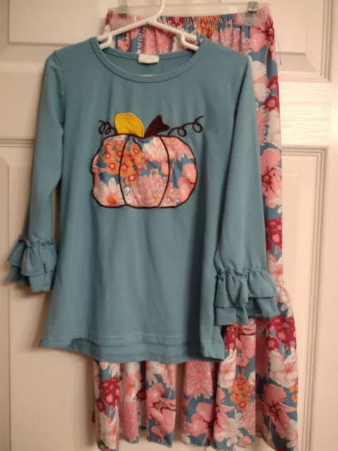 Fall Pumpkin Outfit Pink & Blue Girls Size 6 -7 Boutique Set