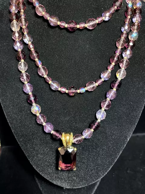 Joan Rivers Cystal Amethyst Colored Glass Bead Necklaces with Stunning Pendant