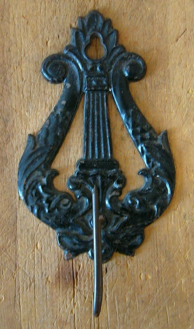 Antique CAST IRON Wall LYRE Spike HOOK Receipt BILL HOLDER Tatum VICTORIAN