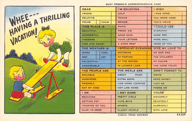 Busy Person Correspondence Postcard~Comic: Thrilling Vacation~Teeter Totter~1940