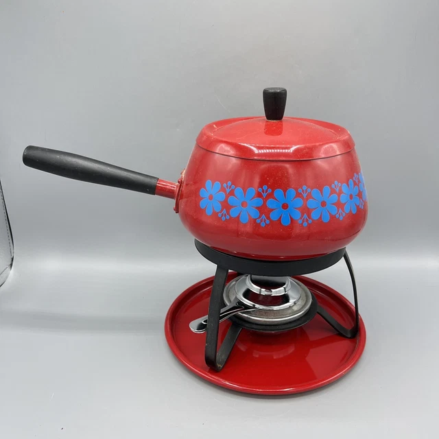 VTG KMART RED Fondue 2Qt. Pot Flower Pattern Set w/ Lid, Stand Forks