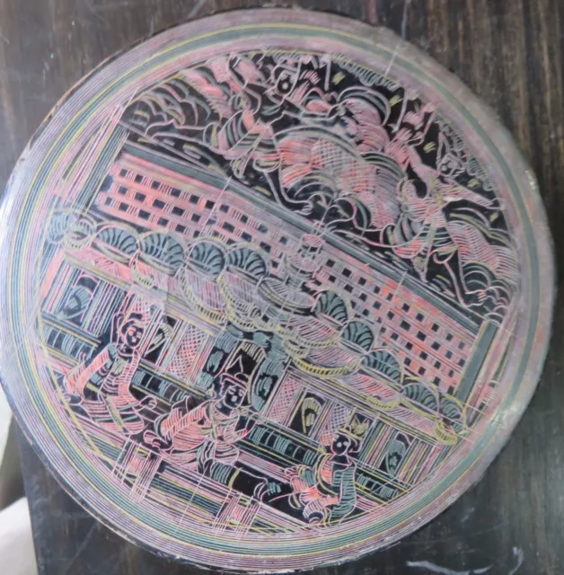 Burmese Cinnabar Lacquer Betel Nut Box Early (Kun-It) intricate deities design