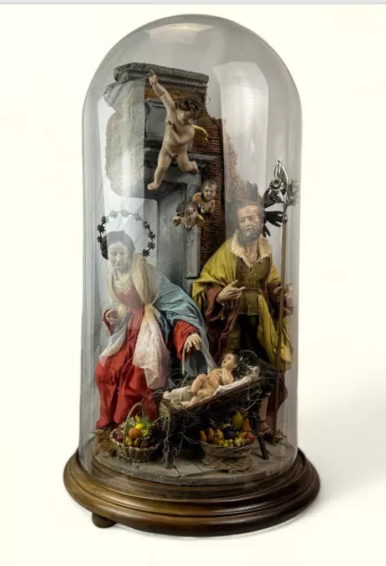 Presepe Napoletano Sacra famiglia scena nativita' campana vetro completa 85x43