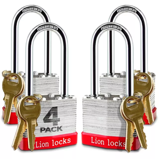 4 Keyed-Alike Padlocks w/ 2” Long Shackle, 8 Keys, Hardened Steel Pad Lock, P...