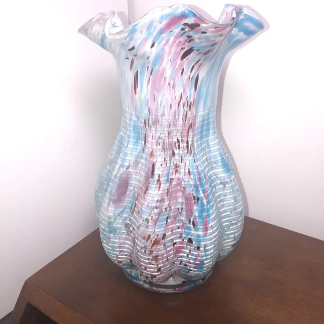 SPLATTER ART GLASS Ruffle Top Vase Multicolor Ribbed End of Day 9 1/4