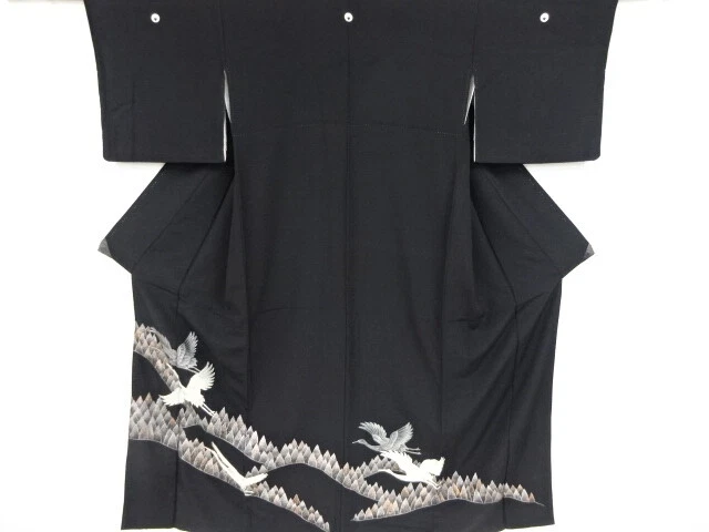 47887# Japanese Kimono / Antique Tomesode / Embroidery / Cranes & Trees
