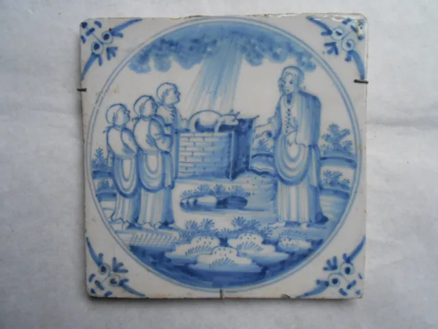 Antique Dutch Delft Biblical Tile. XVIIIth Century. Pottery.  Ceramic tile.