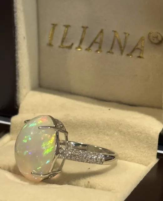 ILIANA 18K White Gold Natural AAA Opal White Diamond Ring Size 8 Designer Estate