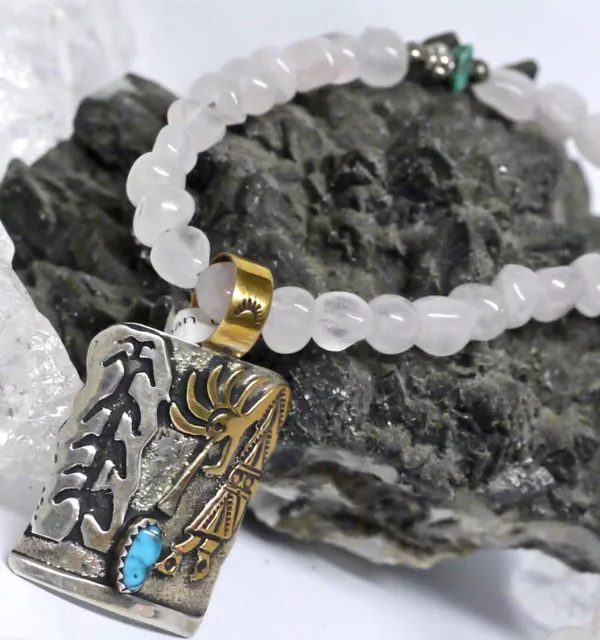 SET echt Navajo Indianerschmuck Kokopelli Amulett 925 Sterling Rosenquarz Kette