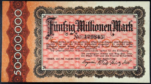 TRIER and BIRKENFELD 1923 50 Million Mark Inflation Notgeld Banknote Germany